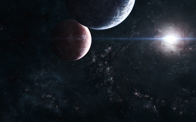 Planets on the background of a bright star in the center of the galaxy. Deep space. Science...