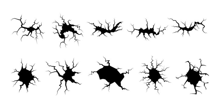 Set of flat wall cracks or broken concrete holes. Asphalt ruin effect or template for shattered or damaged surface, design of desert land, disaster or break fracture, design of crushed earth