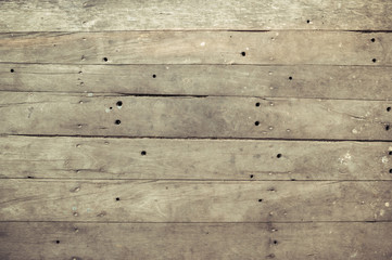Closeup of old brown wooden plank texture background. Wallpaper backdrop. Abstract wood floor and wall structure. Top view angle. Horizontal pattern