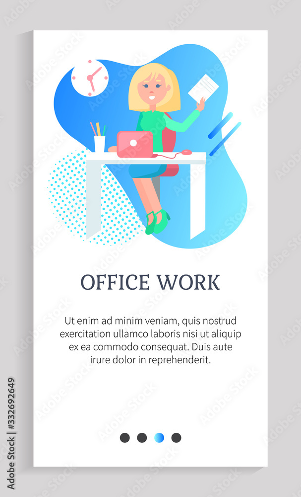 Poster office work vector, person sitting by table with computer with stats and analysis of working tasks, 