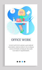 Office work vector, person sitting by table with computer with stats and analysis of working tasks, secretary at workplace with desk clock on wall. Website slider app template, landing page flat style