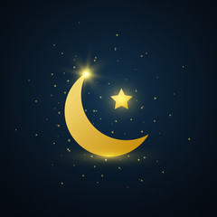 Fototapeta na wymiar Ramadan Kareem arabic banner. Eid Mubarak greeting card. Golden crescent and star symbol on dark background. Luxury gold design elements. Muslim islamic feast. Vector illustration