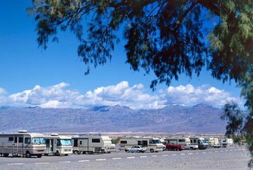 RV campsite in the desert landscape of Death Valley