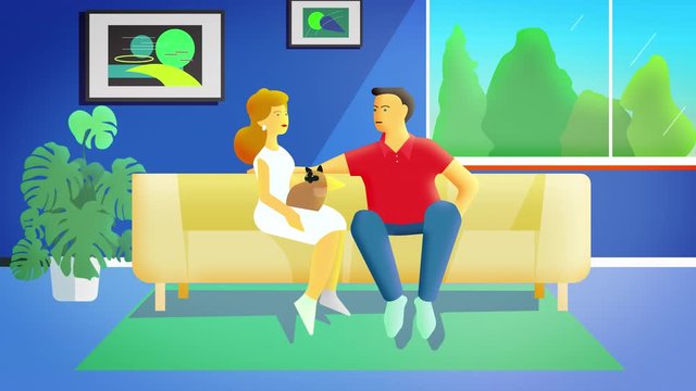 Happy childfree family sitting in a spacious living room without children, but with a cat. 2D flat animation 4k.