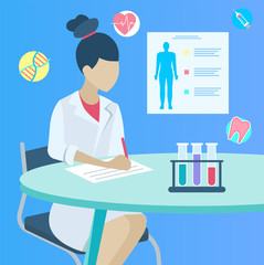 Female doctor sitting by table and making notes or medical prescription on paper. Practitioner in white uniform consults people about illnesses and prescribe treatment. Vector illustration in flat