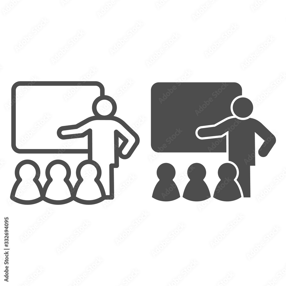 Poster lecturer blackboard with students line and solid icon. lecture or training lesson symbol, outline st