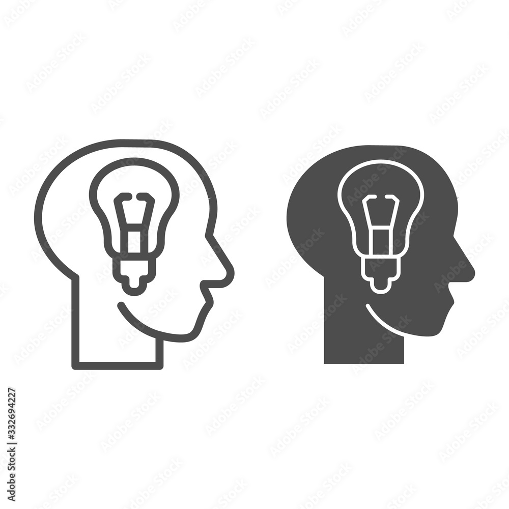 Poster fresh idea in mind line and solid icon. head with light bulb, bright solution lamp symbol, outline s