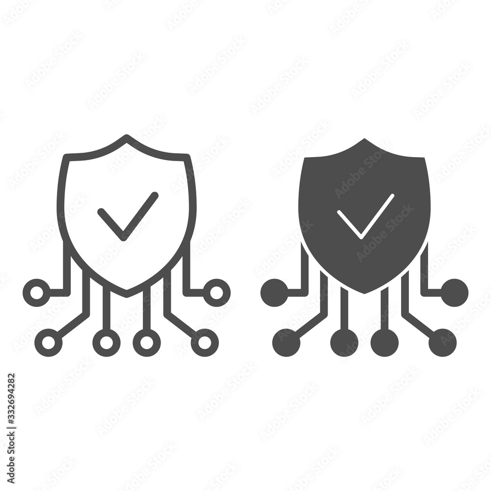 Poster verified emblem line and solid icon. check badge with connections, valid contact symbol, outline sty
