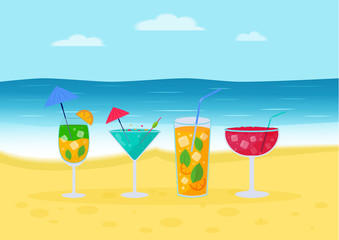 Set of Tropical cocktails. Alcoholic summer drinks in glasses on the beach, mojito, vodka, sambuca, martini, juices, bloody mary. Holiday concept for party invitation, bar menu. Vector illustration