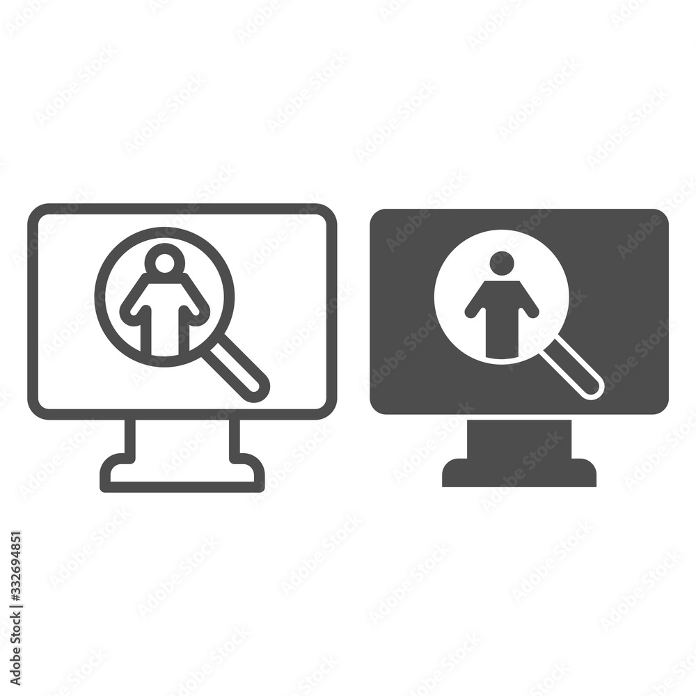 Poster online search for employee line and solid icon. monitor with person and magnifier symbol, outline st