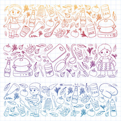 Vector pattern with cooking class for little children. Kids icons. Healthy eating.