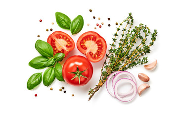Tomato, basil, spices, pepper, onion, thyme. Vegan diet food, creative composition isolated on...