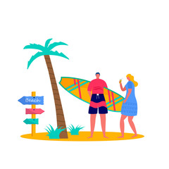 People surfing in beachwear with surfboards. Young women amd men enjoying vacation on the sea, ocean. Concept of summer sports and leisure outdoor activities isolated on white background . Flat vector