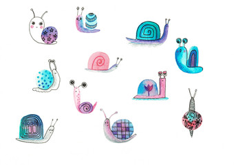 Cute snails, a set of watercolor characters.