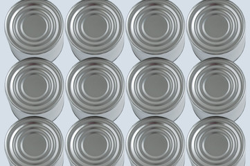 Canned food in metal can on a gray background. View from above.