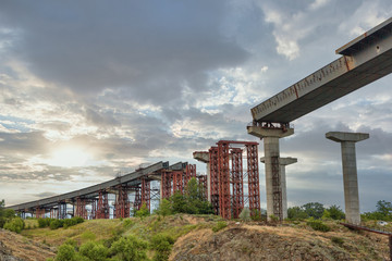 Building Preobrazhensky bridge over the Dnieper river in Zaporizhia, Ukraine.