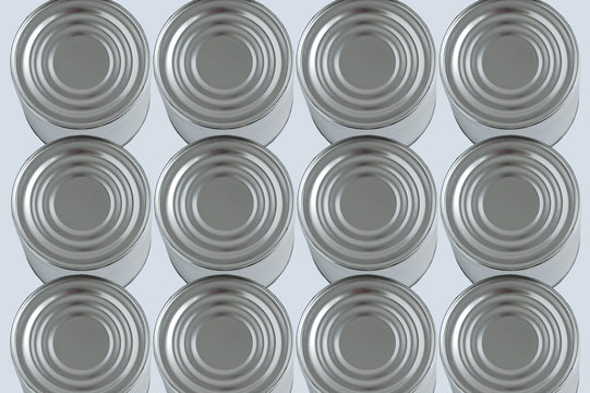 Canned food in metal can on a gray background. View from above.