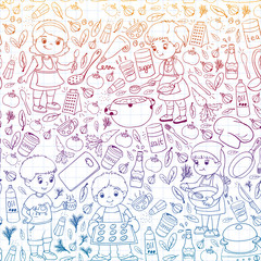Vector pattern with cooking class for little children. Kids icons. Healthy eating.