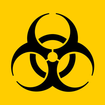 Symbol, icon and pictogram of biohazard and biological hazard. Dangerous virus, bacterium and infection. Vector illustration on yellow plain background.