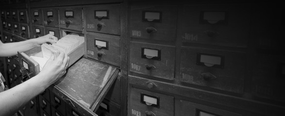 card index with cards in a library