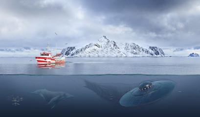Fishing ship towing net with an UFO © Val Thoermer