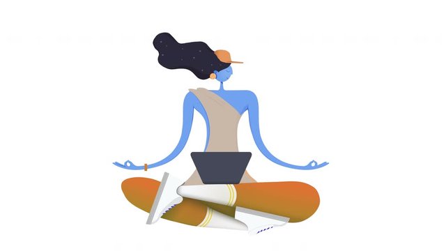 Seamless loop. 4 different color variations of a girl with a laptop, floating in the air in lotus position. 2D flat animation isolated on white background with alpha luma matte 4k.