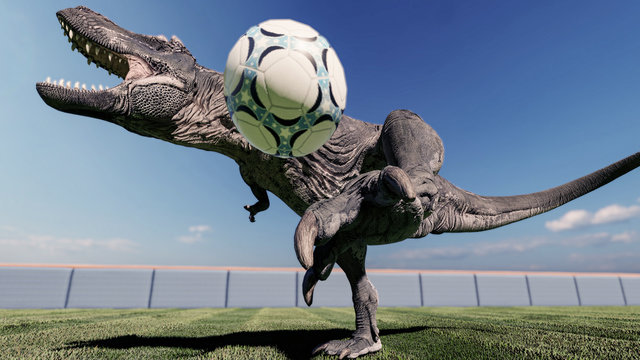 Image of dinosaurs playing football 3D illustration