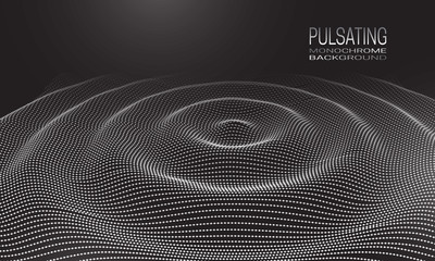 Pulsating monochrome background design with wavy ripple of dots and lines. Abstract cyberspace background for banner, flyer or poster.