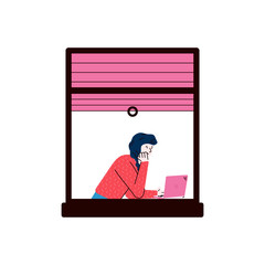 Woman in window frame using laptop - teenage girl sitting near window