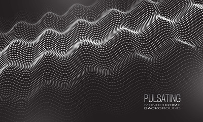 Pulsating monochrome background design with ripple of dots and lines. Abstract vibrating background for banner, flyer or poster.