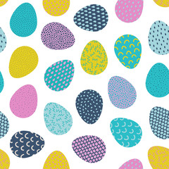 Seamless pattern. Easter eggs with different hand drawn ornaments isolated on the white background. Texture for print, wallpaper, home decor, textile, package design or invitation.