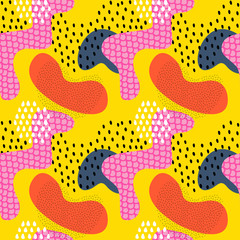 Seamless pattern. Creative colorful background with different shapes and textures. Doodle art. Texture for print, wallpaper, home decor, textile, package design, invitation or website background.