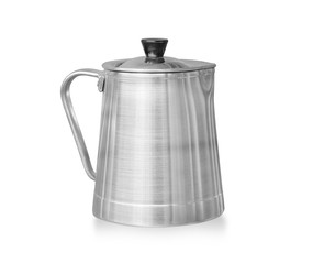 Close up shiny stainless steel, metal cup isolated on white