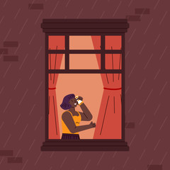 Cartoon woman talking on phone in window frame in rainy evening