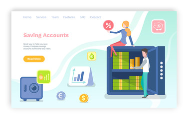 Saving accounts vector, person with percents sitting on strongbox filled with money, dollars in cash banknotes and gold coins, woman and man. Website or webpage template, landing page flat style