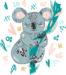 Coala cute doodle hand drawn flat vector illustration. Wild rainforest animal vector poster floral background.Grass branches with leaves, flowers and spots design element. Tropical jungl.