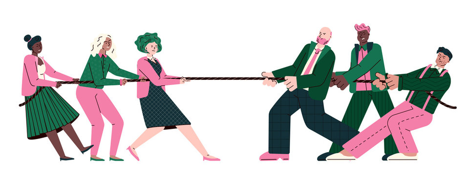 Tug of war - cartoon office people tugging a rope. Rival business teams
