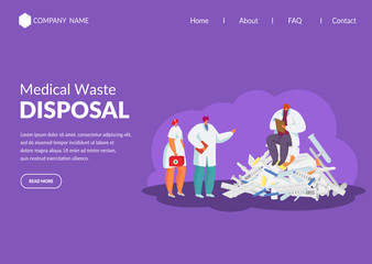 Medical waste, recycling garbage in medicine, biohazard material disposal in hospital with doctors, mini people flat web vector illustration. Ecologically dangerous waste website.