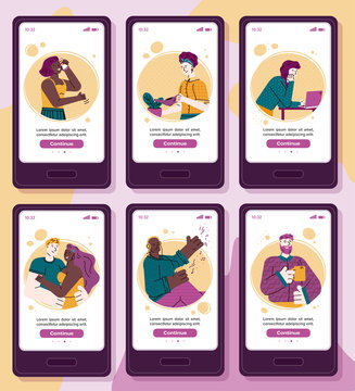 Cartoon people in mobile app screen template set - vector illustration.