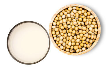 Soy beans and glass of soy milk isolated on white background. Top view. Flat lay.