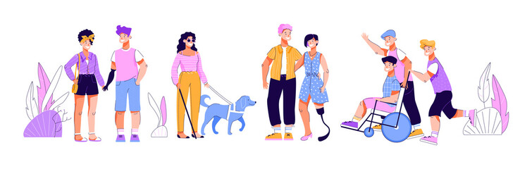 Disabled people with friends - cartoon isolated set of men and women