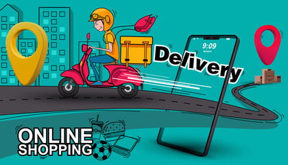 Fast delivery by scooter. Vector cartoon illustration. All time service food, drink, electronic, music, package and drug.
