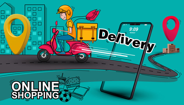 Fast delivery by scooter. Vector cartoon illustration. All time service food, drink, electronic, music, package and drug.