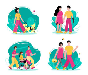 Set of handicapped people walking flat cartoon vector illustration isolated.