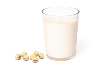  soy milk and soybeans isolated on white background.