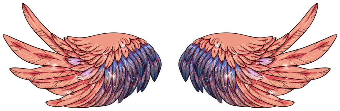 Beautiful magic shuny glittery violet salmon vector wings
