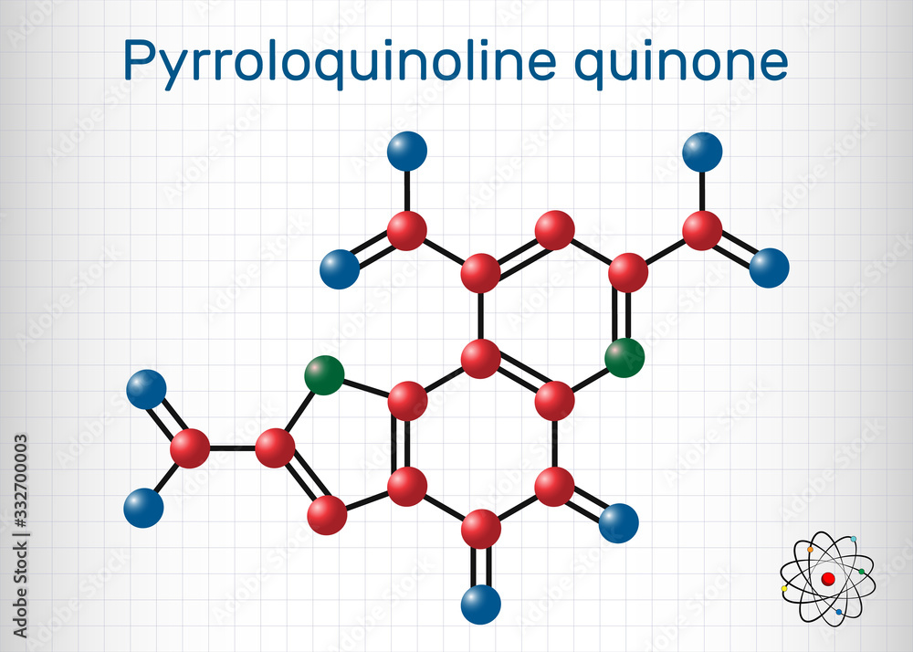 Sticker Pyrroloquinoline quinone,  PQQ , methoxatin  C14H6N2O8 molecule. It has a role as a water-soluble vitamin and a cofactor. Sheet of paper in a cage