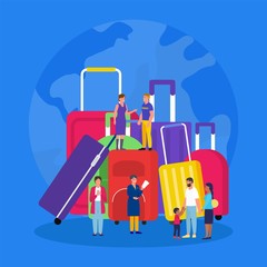 Travel luggage, vacation suitcases with tourists tiny people travelers flat vector illustration. Suitcases, bags for luggage, trip baggage, case for journey vacation tourism, travelling vector