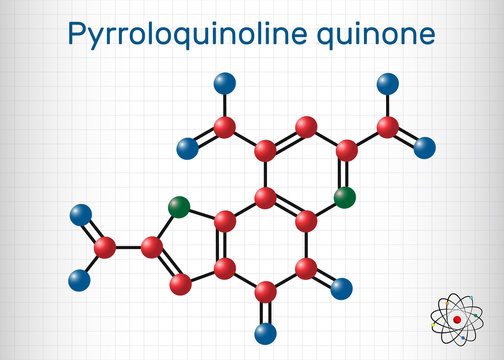 Pyrroloquinoline quinone,  PQQ , methoxatin  C14H6N2O8 molecule. It has a role as a water-soluble vitamin and a cofactor. Sheet of paper in a cage