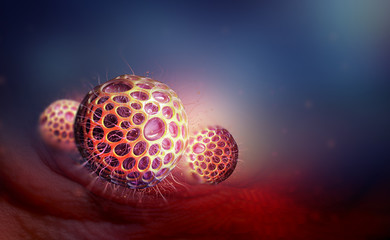 Allergens in body under microscope. Spores of pollen, fungi, germs, viruses. Virology and Microbiology 3D illustration
